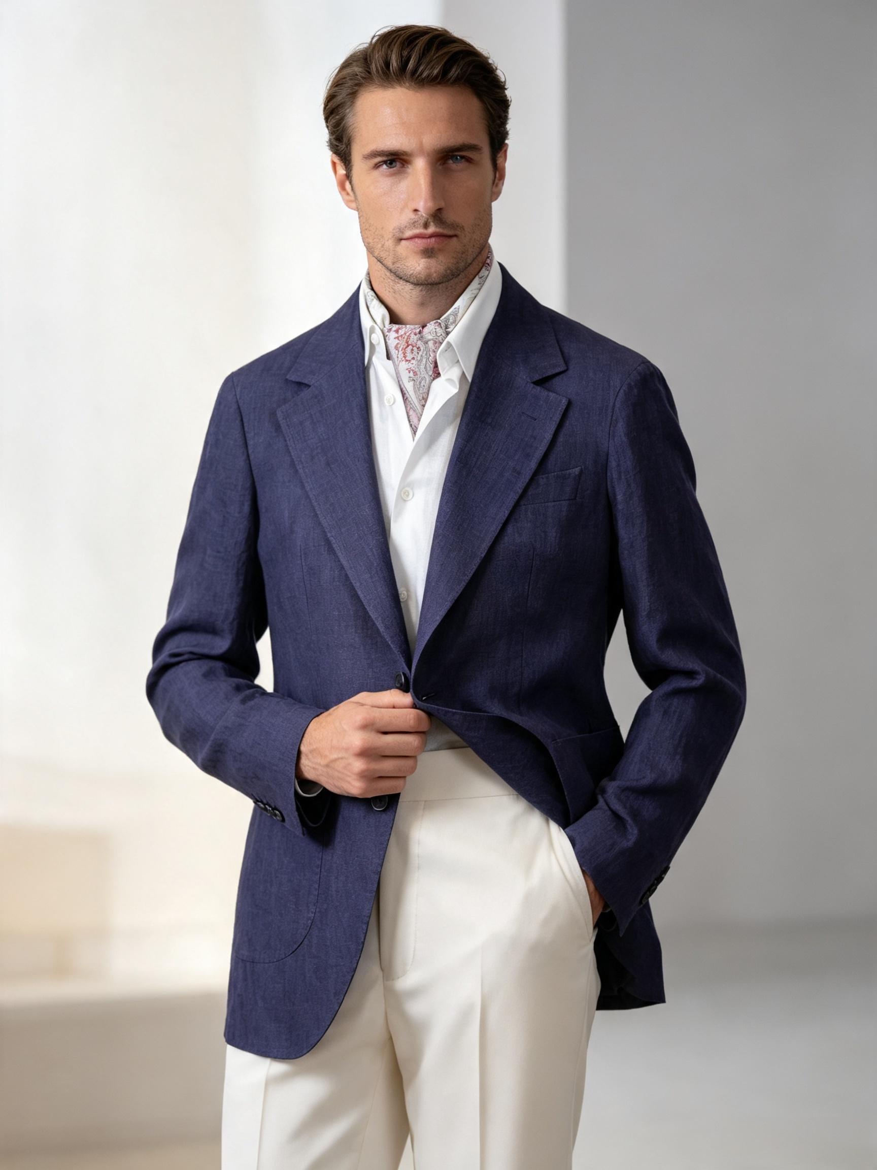 Men's Deep Blue Linen Cotton Casual Blazer | Notch Lapel 50% Linen 50% Cotton Sport Jacket