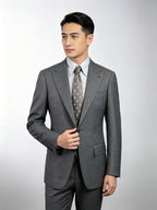Medium Grey Plain Weave 100% Pure Wool Two-Piece Suit Jacket, Peak Lapel Formal Blazer for Asian Gentlemen