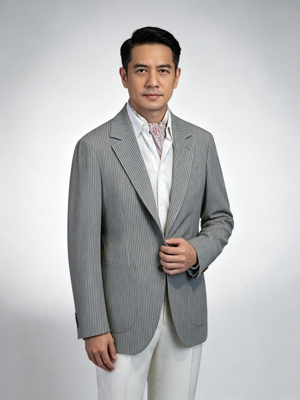 Grey Fine Vertical Stripe Pure Wool Unstructured Blazer
