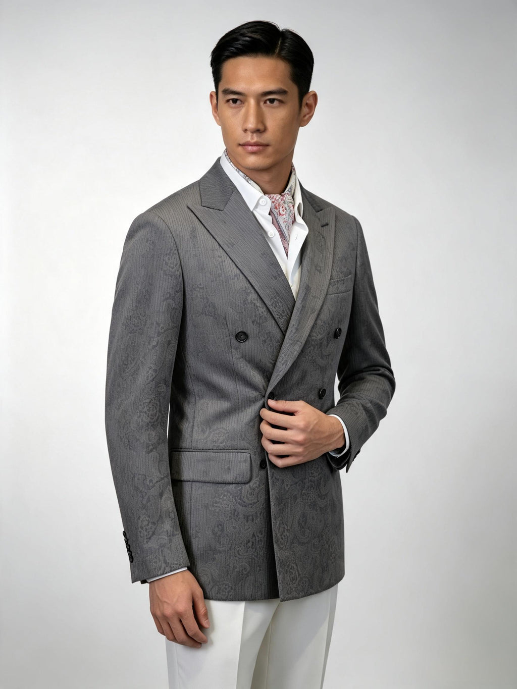 Grey Paisley Jacquard Double Breasted 100% Cotton Blazer, Textured Luxury Suit Jacket for Men