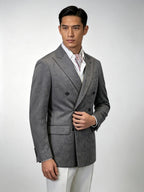 Grey Paisley Jacquard Double Breasted 100% Cotton Blazer, Textured Luxury Suit Jacket for Men