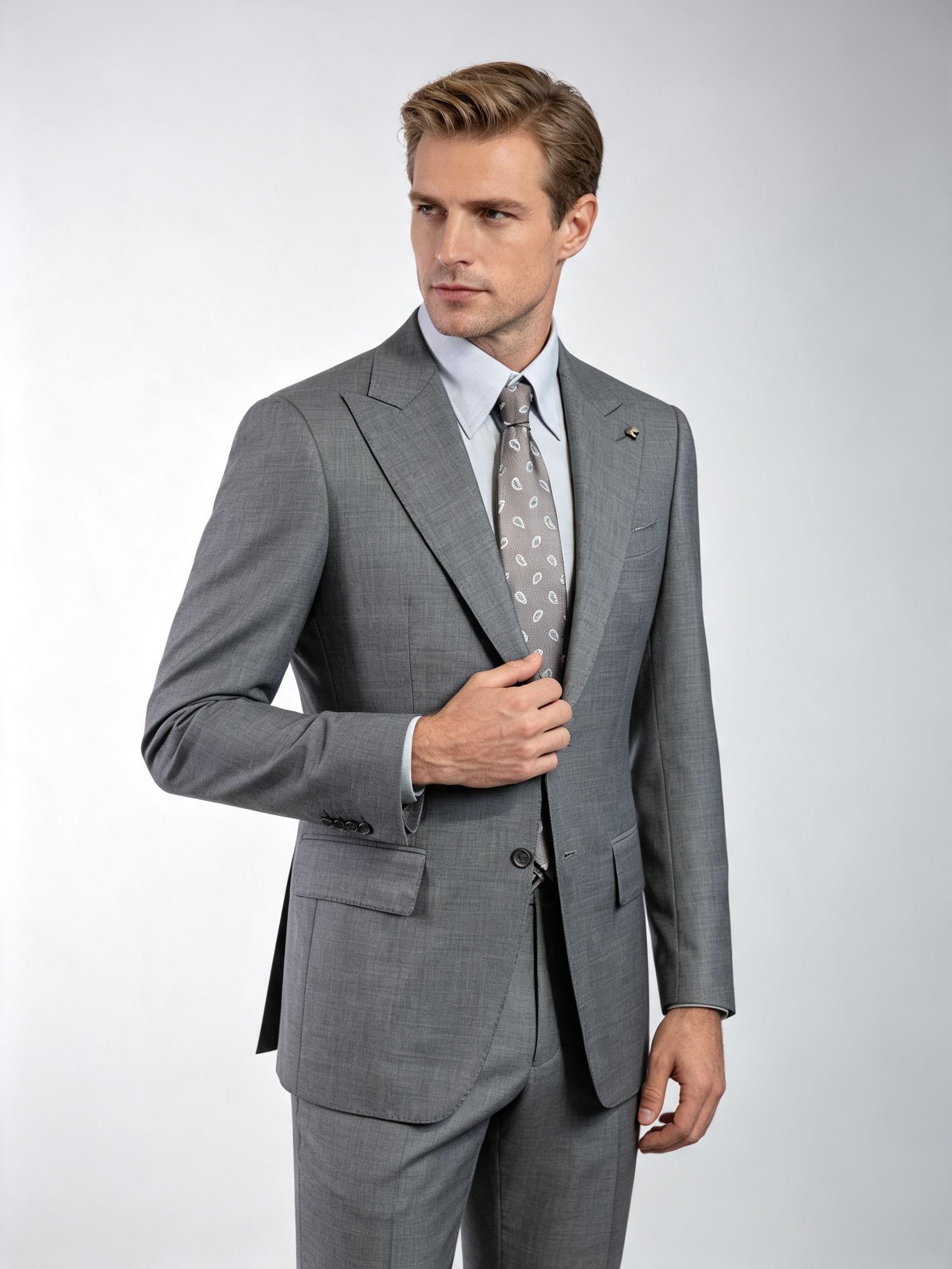 Medium Grey Plain Weave 100% Pure Wool Two-Piece Suit Jacket, Peak Lapel Formal Blazer for Asian Gentlemen