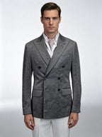 Grey Paisley Jacquard Double Breasted 100% Cotton Blazer, Textured Luxury Suit Jacket for Men
