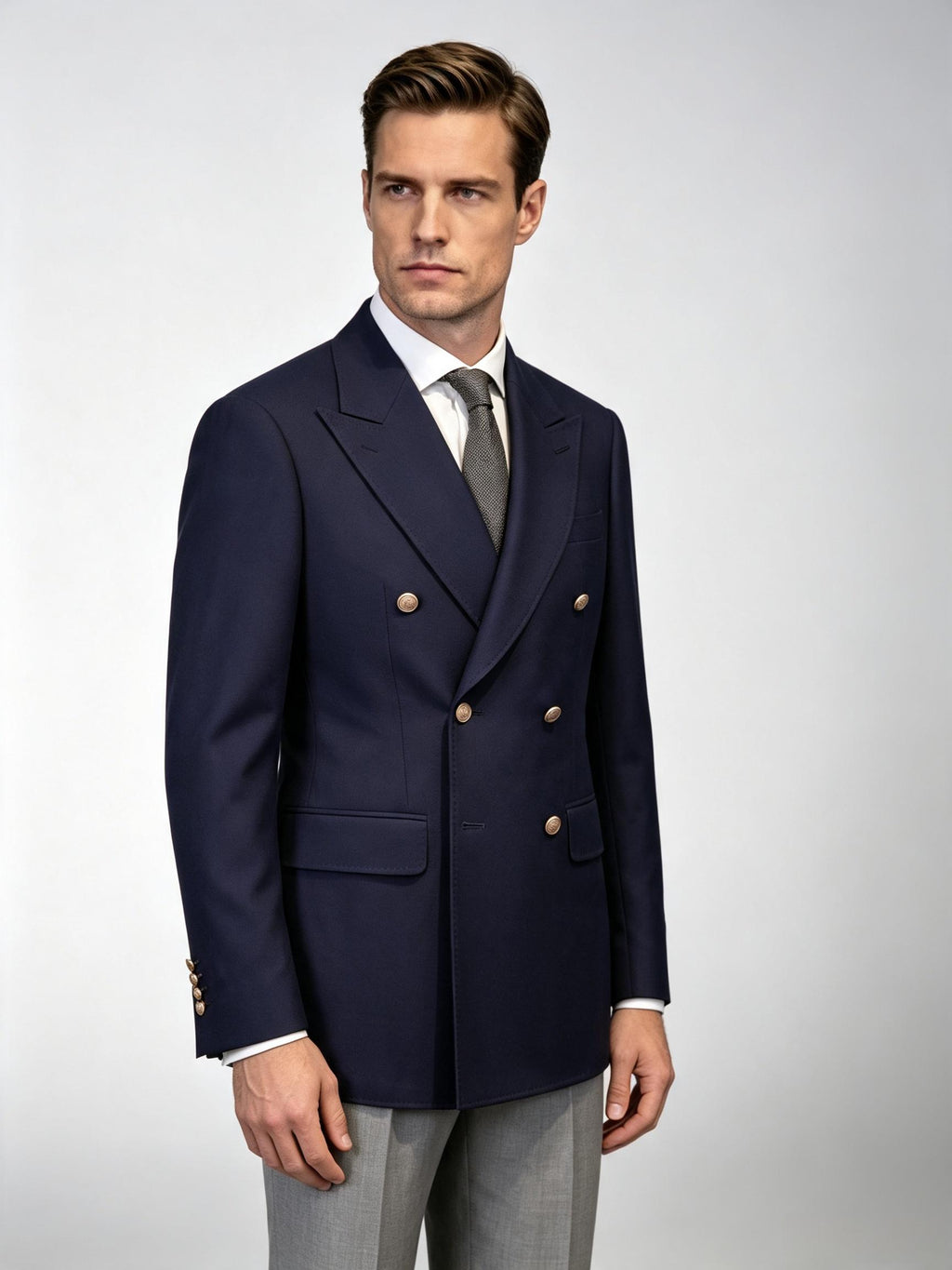 Navy Classic Double Breasted Blazer, 100% Pure Wool Peak Lapel Gold Button Sport Coat for Business
