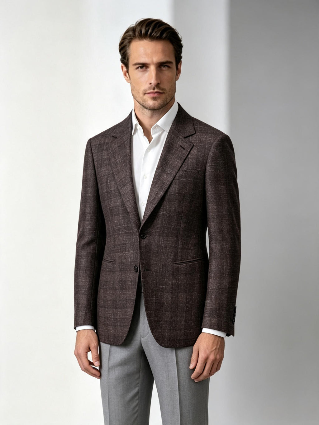 Italian Import 100% Wool Brown Windowpane Plaid Single Breasted Sport Coat Men’s Tailored Blazer