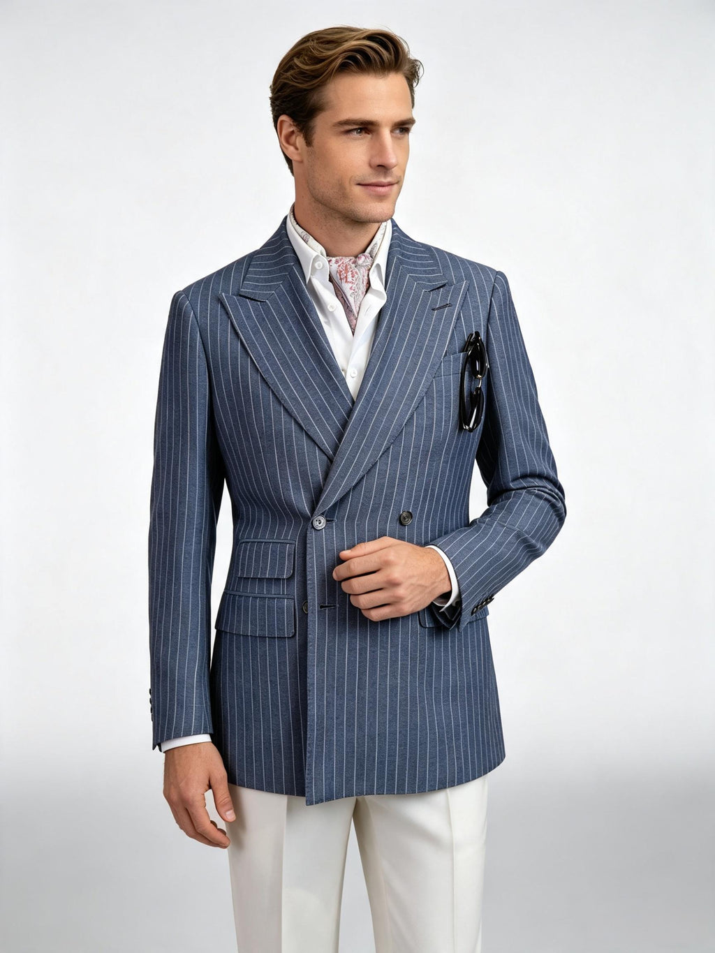 Men’s Double Breasted Blue Pinstripe Blazer, 100% Pure Italian Linen Summer Sport Coat