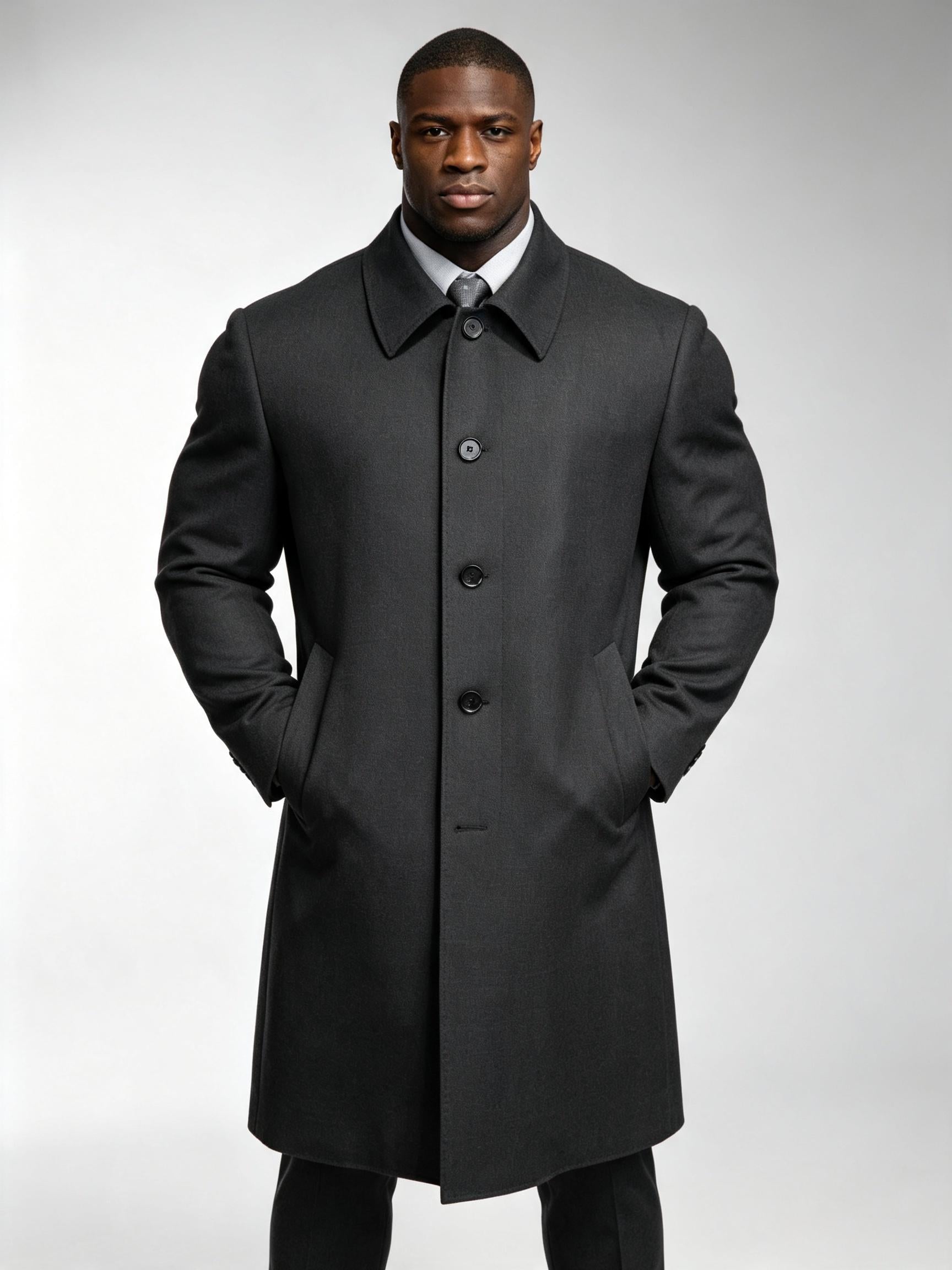 Men’s Dark Grey 100% Wool Convertible Collar Overcoat, Mid-Length Four-Button Pure Wool Car Coat for Business Formal