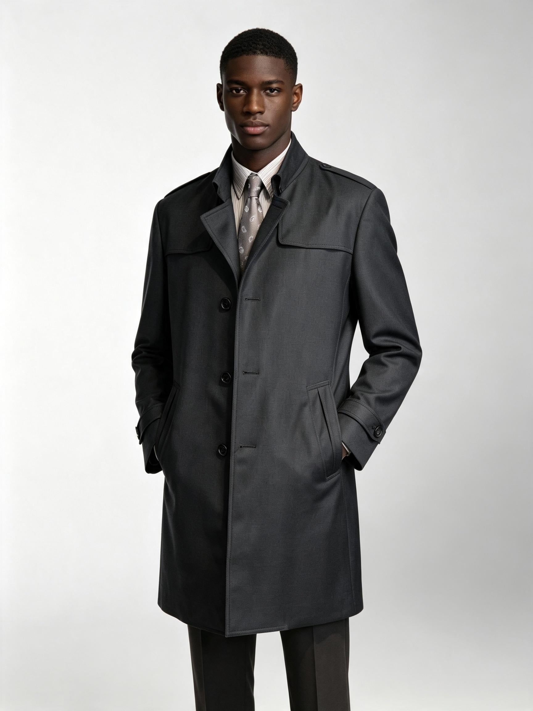 Men’s Dark Grey 100% Superfine Wool Casual Trench Coat, Custom Tailored Fit for Black Men’s Torso & Shoulder Proportions Mid-Length Luxury Wool Overcoat