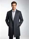 Men’s Grey Textured 100% Wool Overcoat, Notch Lapel Mid-Length Wool Trench Coat for Business & Formal Occasions