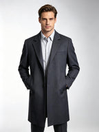 Men’s Grey Textured 100% Wool Overcoat, Notch Lapel Mid-Length Wool Trench Coat for Business & Formal Occasions