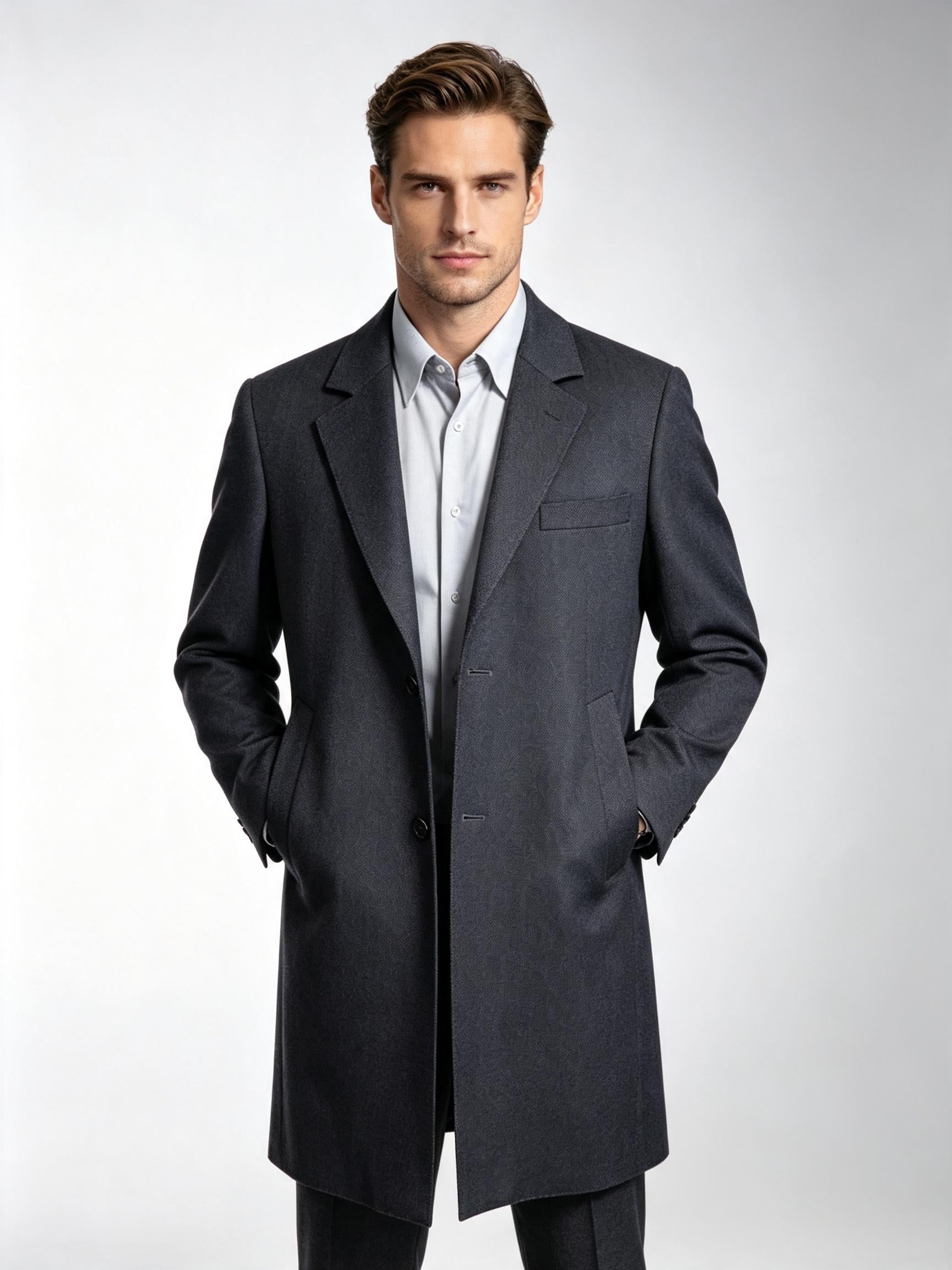 Men’s Grey Textured 100% Wool Overcoat, Notch Lapel Mid-Length Wool Trench Coat for Business & Formal Occasions