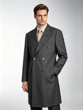 Men’s Grey Textured 100% Wool Overcoat Double Breasted Peak Lapel Mid-Length Wool Coat for Formal Business & Wedding