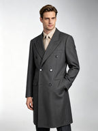 Men’s Grey Textured 100% Wool Overcoat Double Breasted Peak Lapel Mid-Length Wool Coat for Formal Business & Wedding