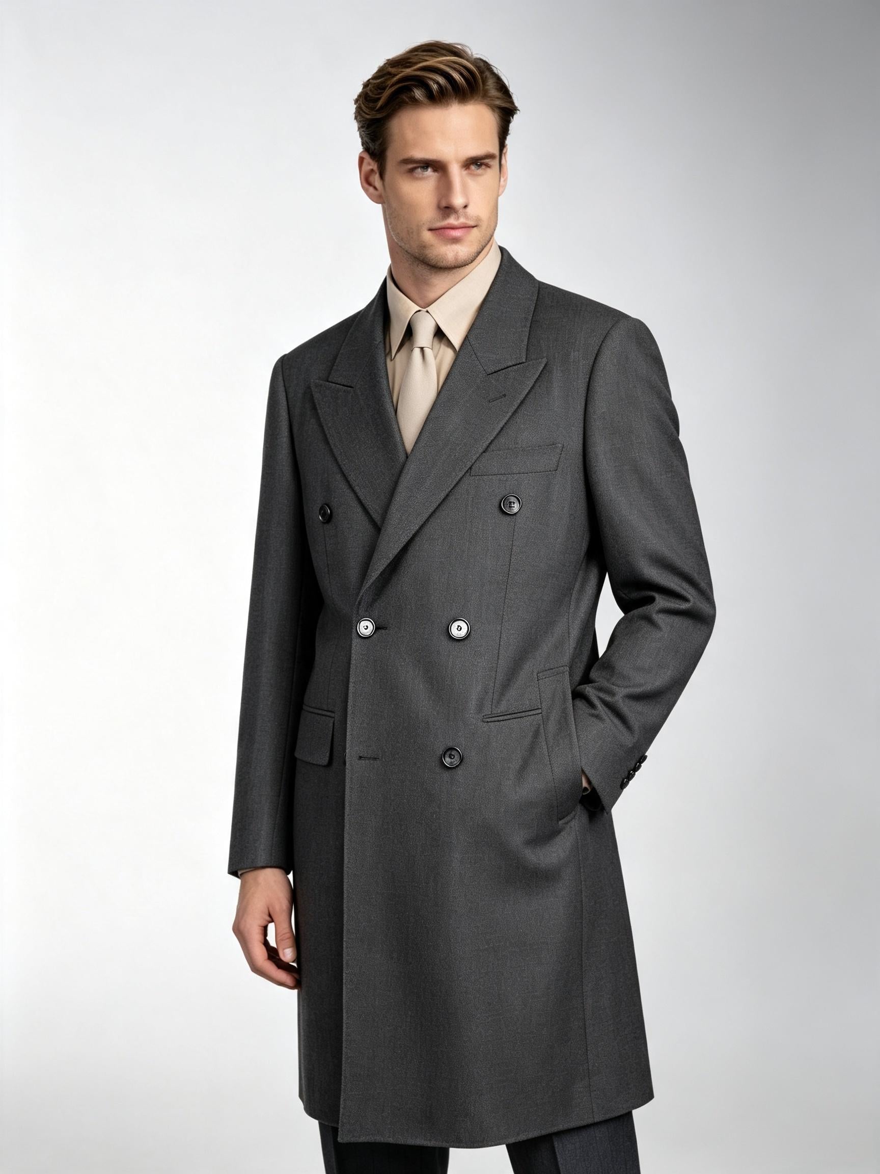 Men’s Grey Textured 100% Wool Overcoat Double Breasted Peak Lapel Mid-Length Wool Coat for Formal Business & Wedding