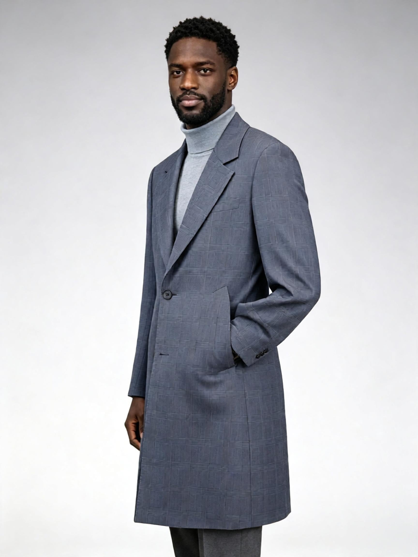 Men’s Grey Prince of Wales Check 100% Wool Overcoat Notch Lapel Mid-Length Wool Coat for Business Smart Casual