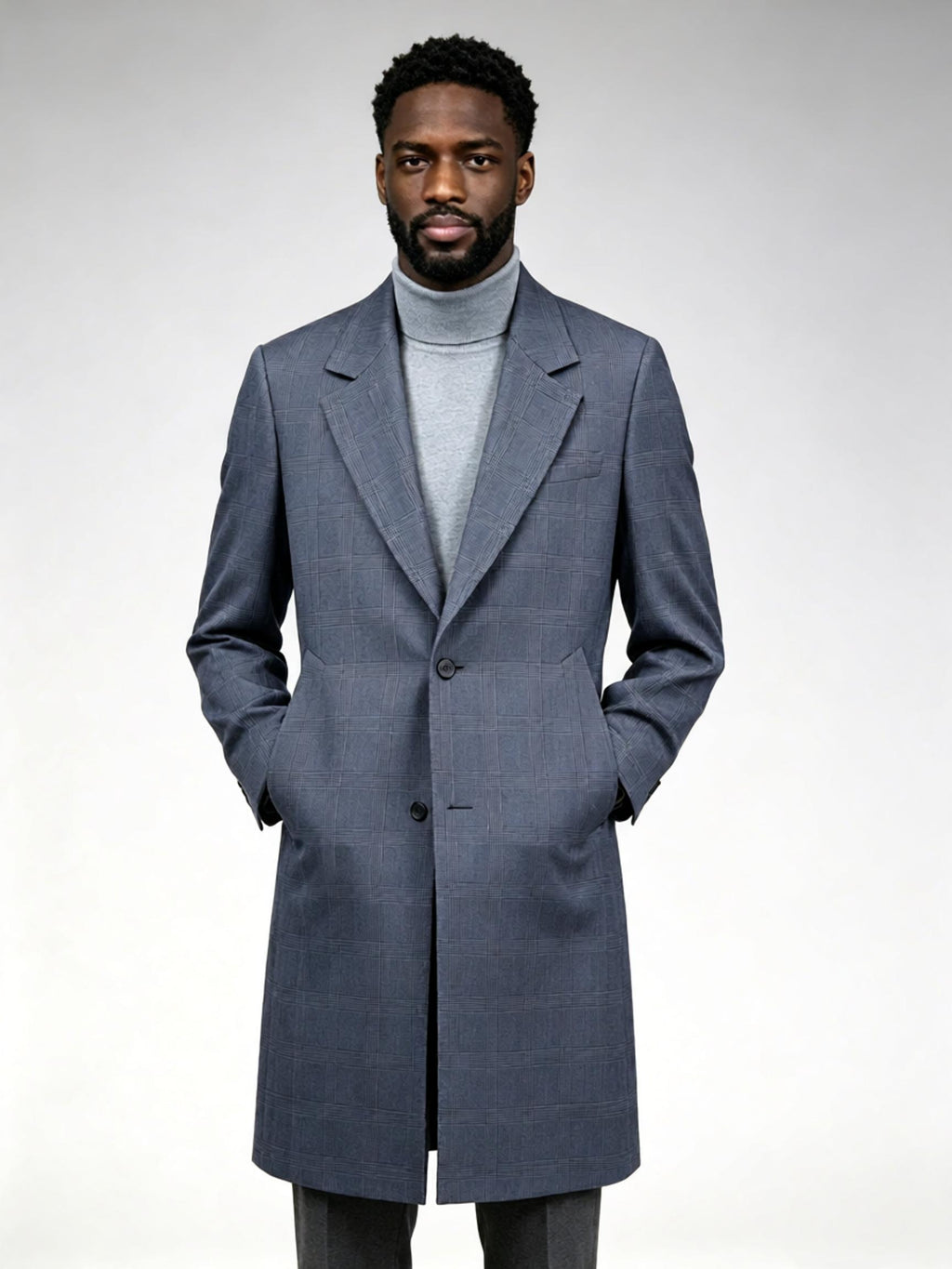 Men’s Grey Prince of Wales Check 100% Wool Overcoat Notch Lapel Mid-Length Wool Coat for Business Smart Casual