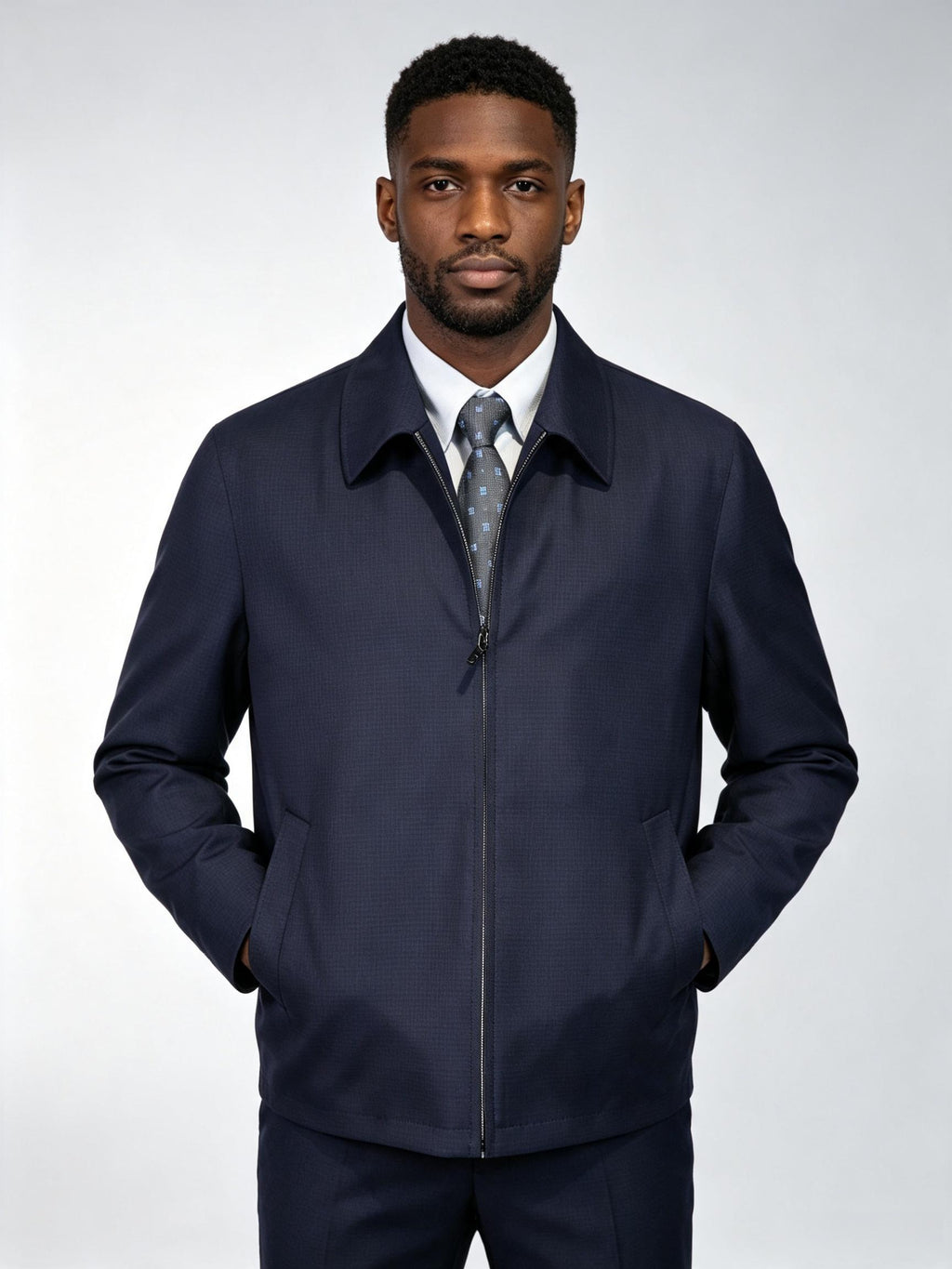 Men’s Navy 100% Pure Wool Business Executive Zip Jacket, Custom Tailored Fit for Black Men’s Broad Shoulders & Athletic Torso Premium Fine Wool Office Blouson