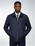 Men’s Navy 100% Pure Wool Business Executive Zip Jacket, Custom Tailored Fit for Black Men’s Broad Shoulders & Athletic Torso Premium Fine Wool Office Blouson