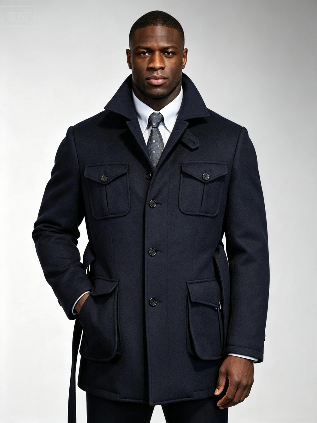 Heavyweight 100% Wool Navy Safari Jacket | Custom Pattern Built for Black Men’s Athletic Broad Shoulders