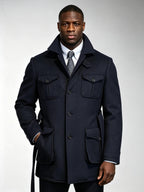 Heavyweight 100% Wool Navy Safari Jacket | Custom Pattern Built for Black Men’s Athletic Broad Shoulders
