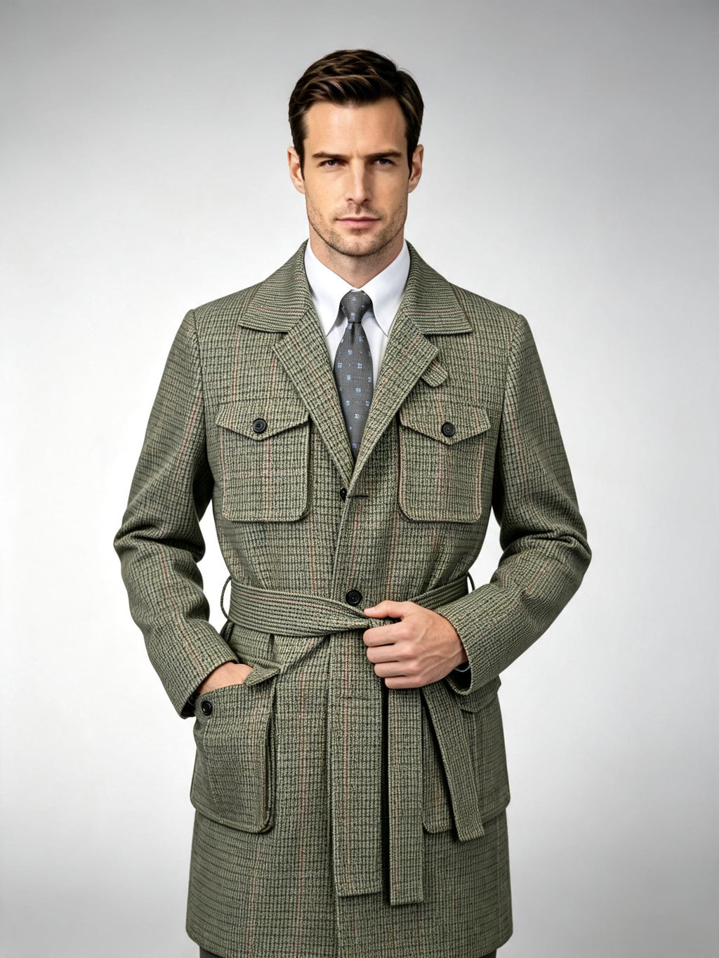 Vintage Green Tweed 100% Pure Wool Safari Jacket | Bespoke Cut for Athletic Broad Shoulders