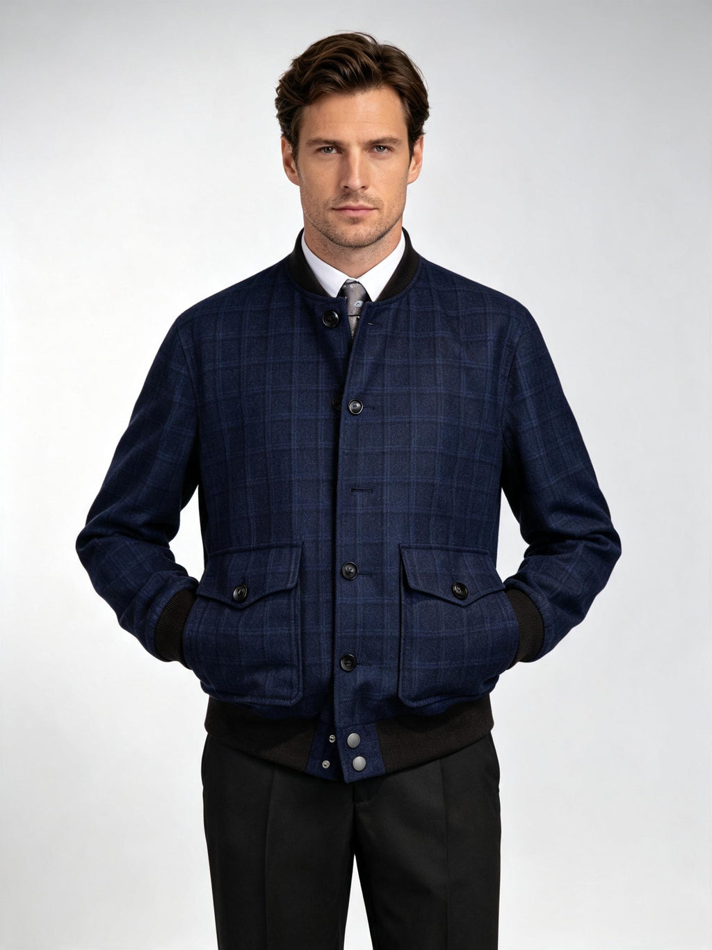 Men’s Short Blue Check 100% Pure Wool Casual Jacket Contrast Plaid Tailored Relaxed Outerwear for Business Smart Casual