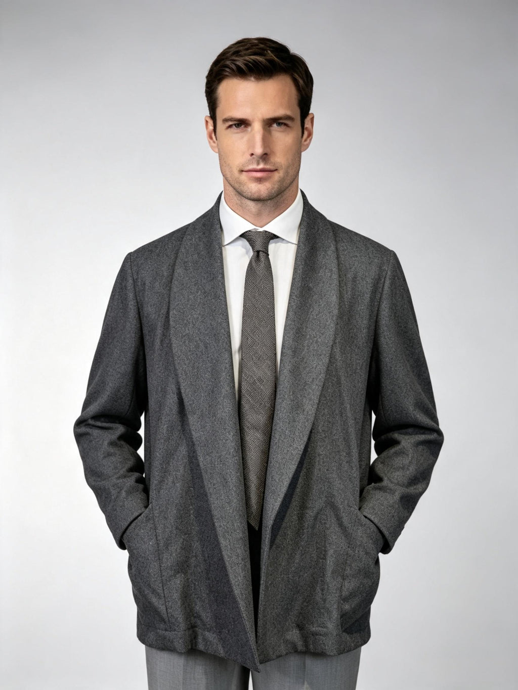 Men’s Grey Wool Blend Open Front Casual Jacket, 50% Wool 50% Polyester Soft Shawl Collar Relaxed Cardigan Coat for Smart Daily Wear