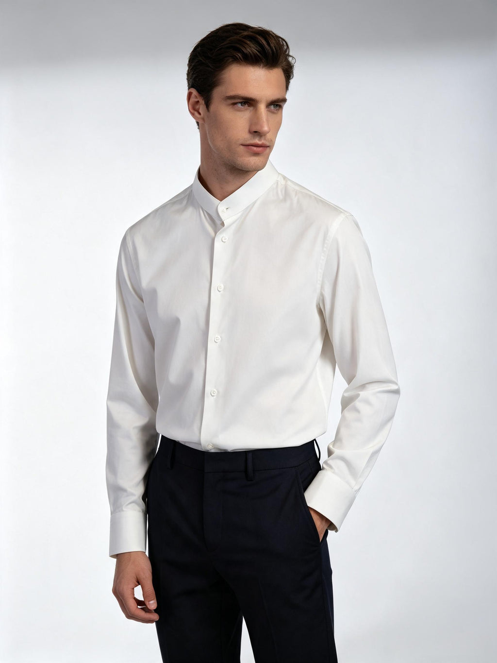 Men’s White 100% Cotton Stand Collar Dress Shirt, Long Sleeve Mandarin Collar Formal Business Shirt