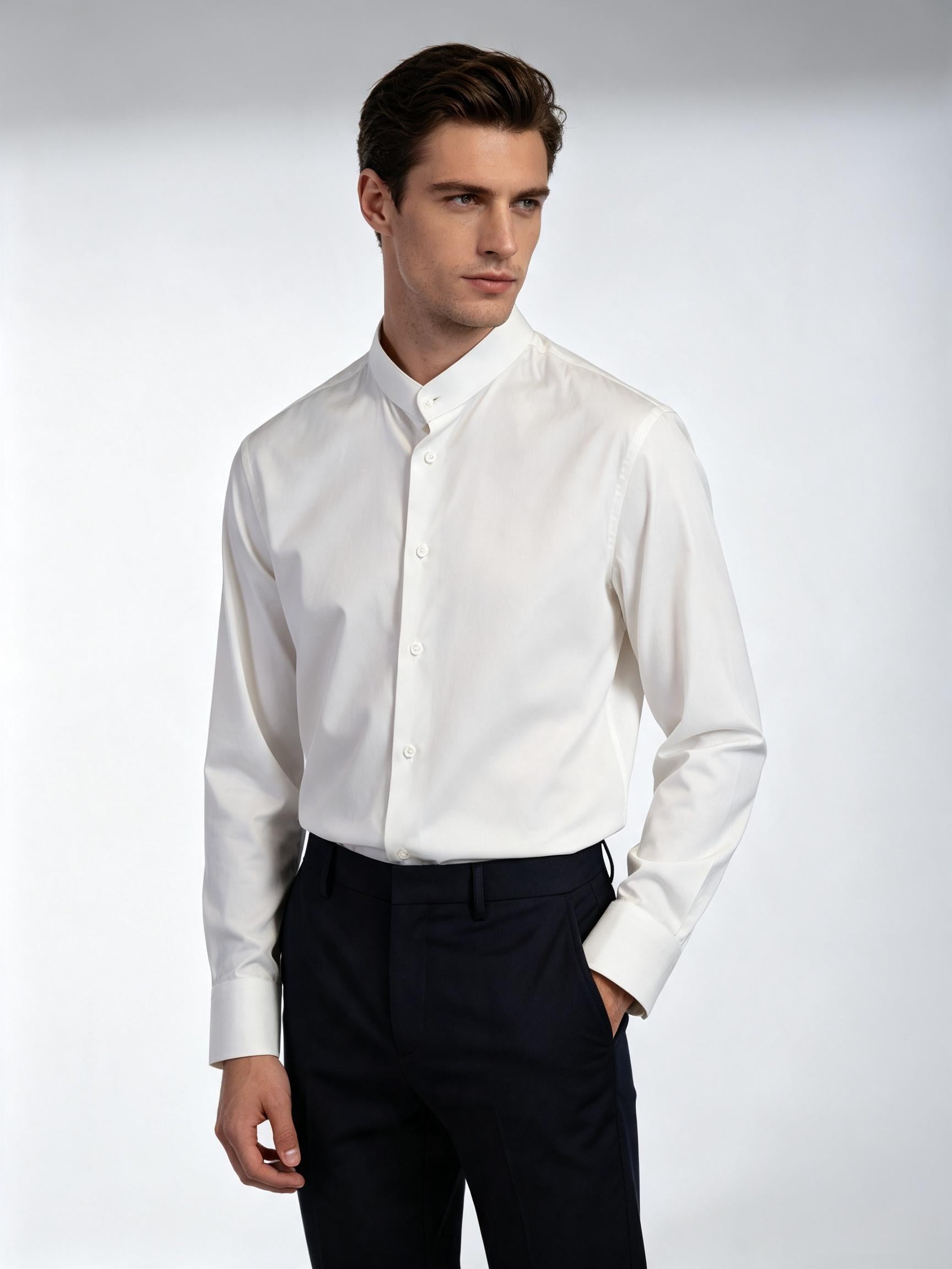 Men’s White 100% Cotton Stand Collar Dress Shirt, Long Sleeve Mandarin Collar Formal Business Shirt