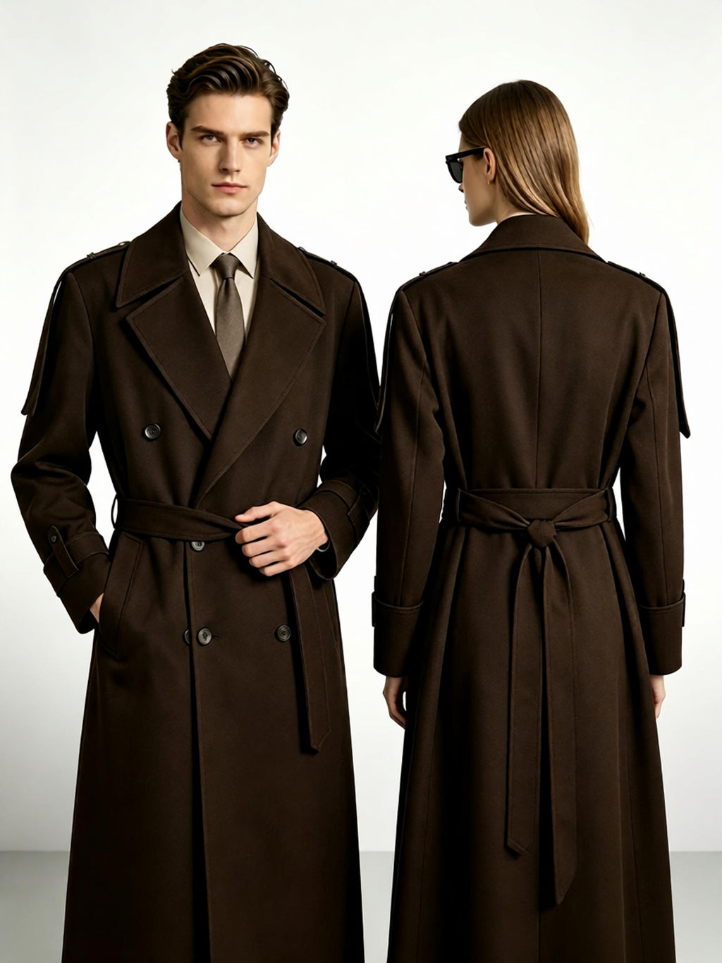 Military-style unisex trench coat with epaulettes and belt