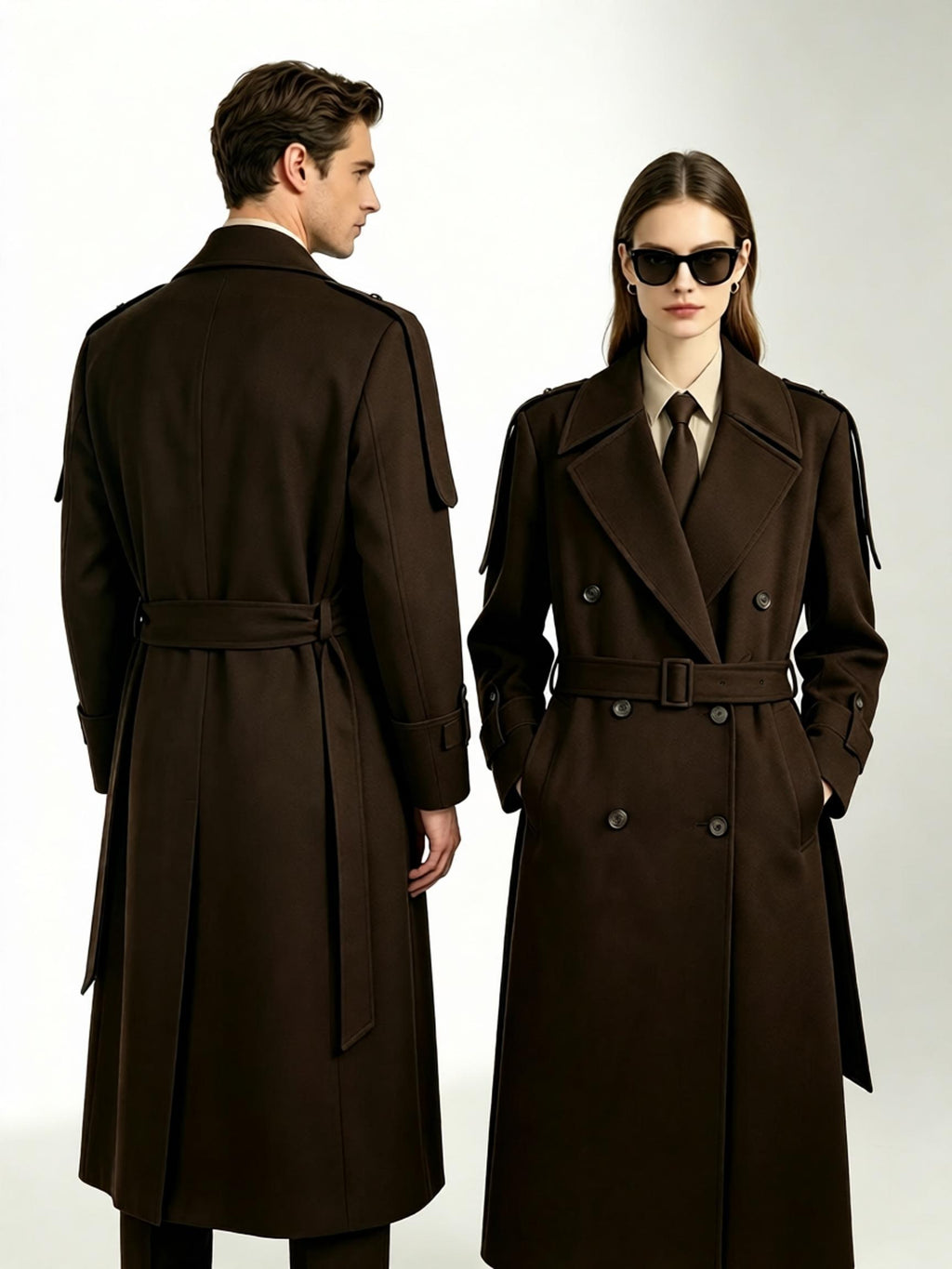 Military-style unisex trench coat with epaulettes and belt