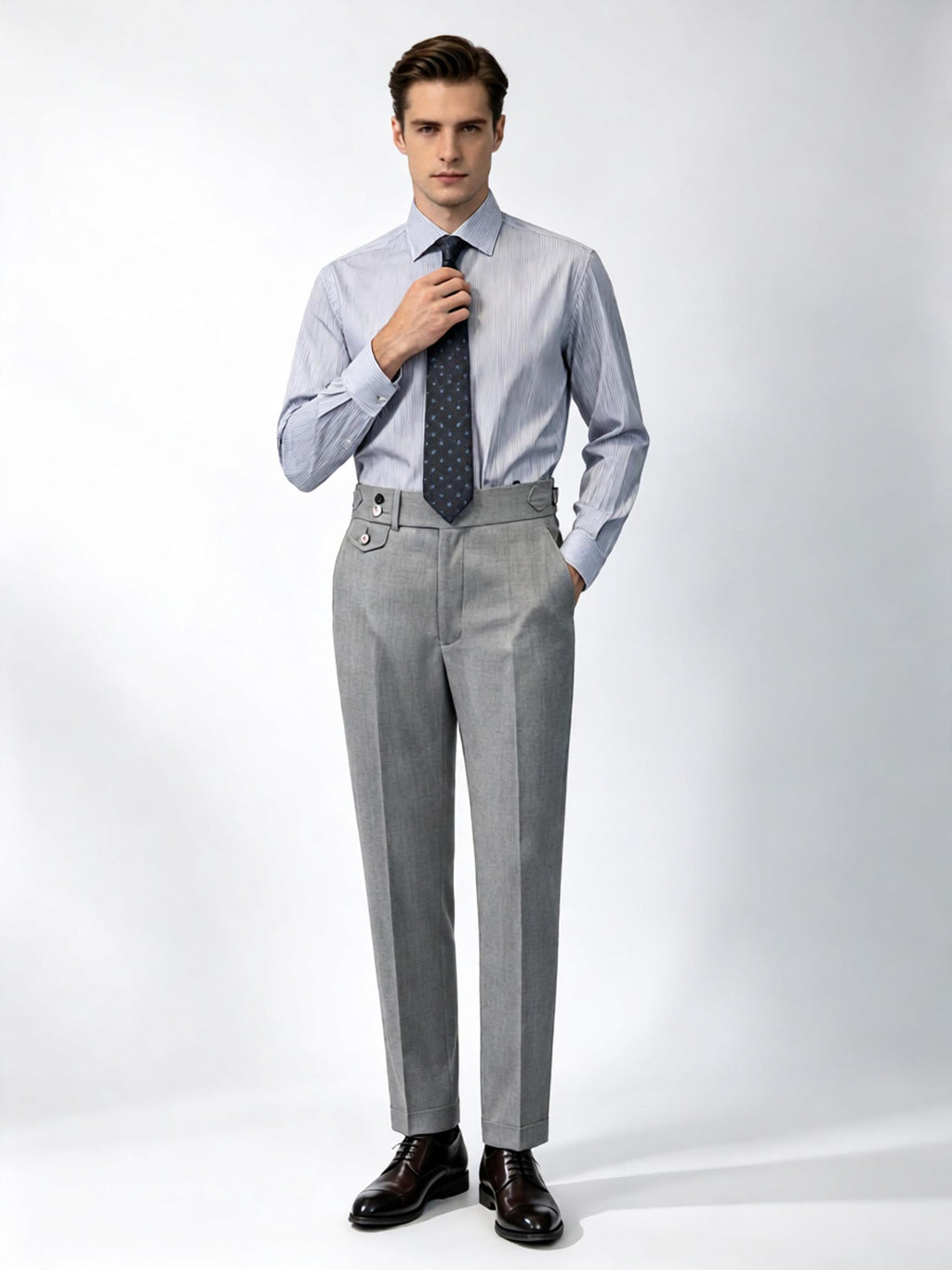 Men’s Grey 100% Wool Flannel High‑Waisted Tapered Trousers