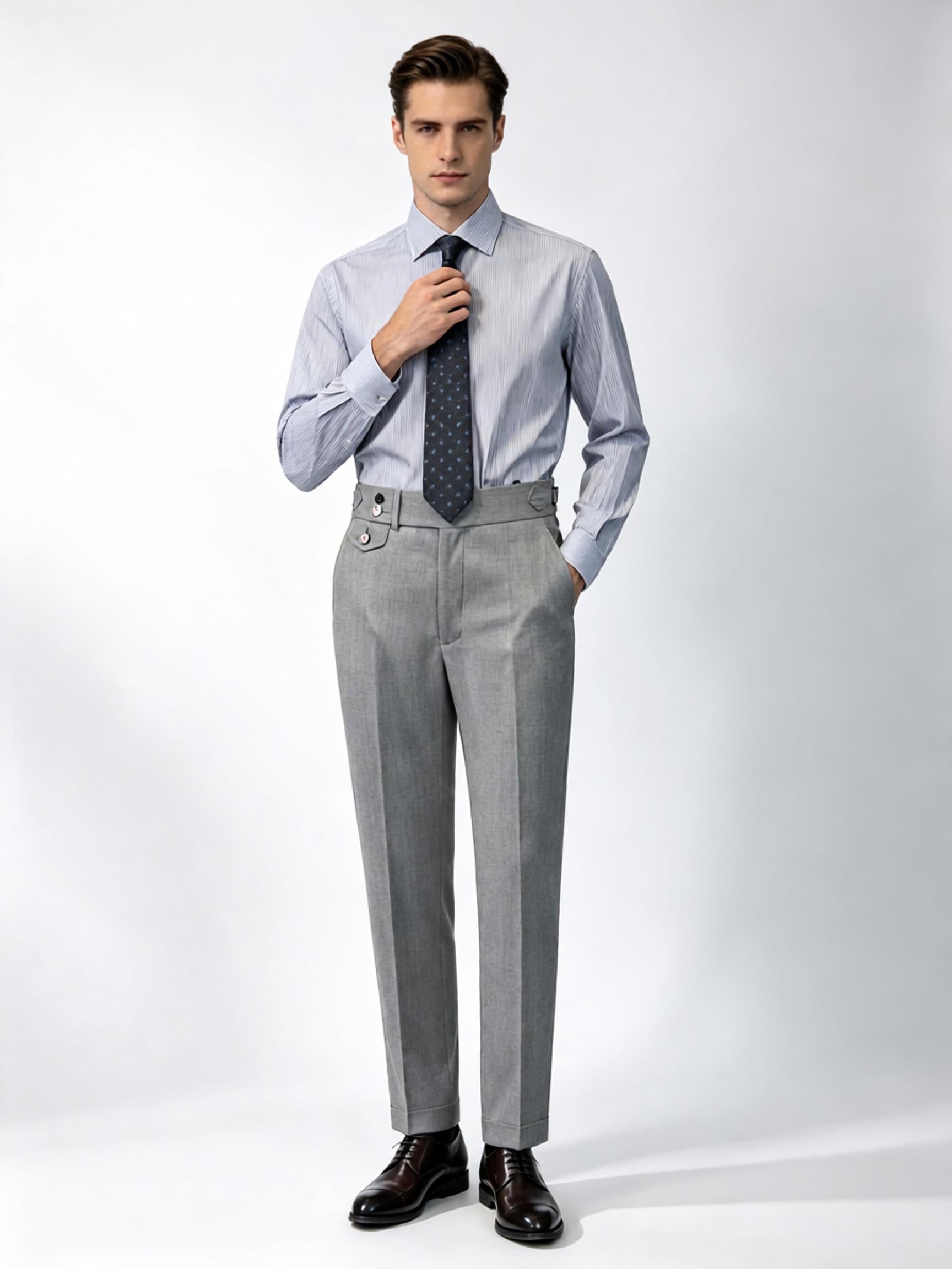 Men’s Grey 100% Wool Flannel High‑Waisted Tapered Trousers
