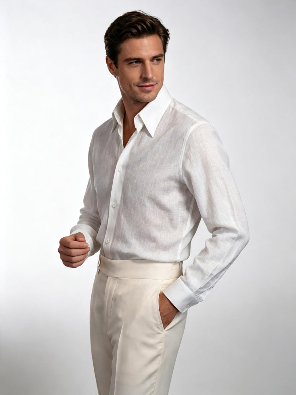 Men’s Breathable Cool White 100% Linen Point Collar Long Sleeve Dress Shirt, Lightweight Summer Linen Shirt