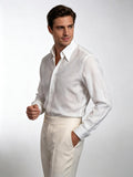 Men’s Breathable Cool White 100% Linen Point Collar Long Sleeve Dress Shirt, Lightweight Summer Linen Shirt