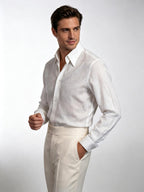 Men’s Breathable Cool White 100% Linen Point Collar Long Sleeve Dress Shirt, Lightweight Summer Linen Shirt