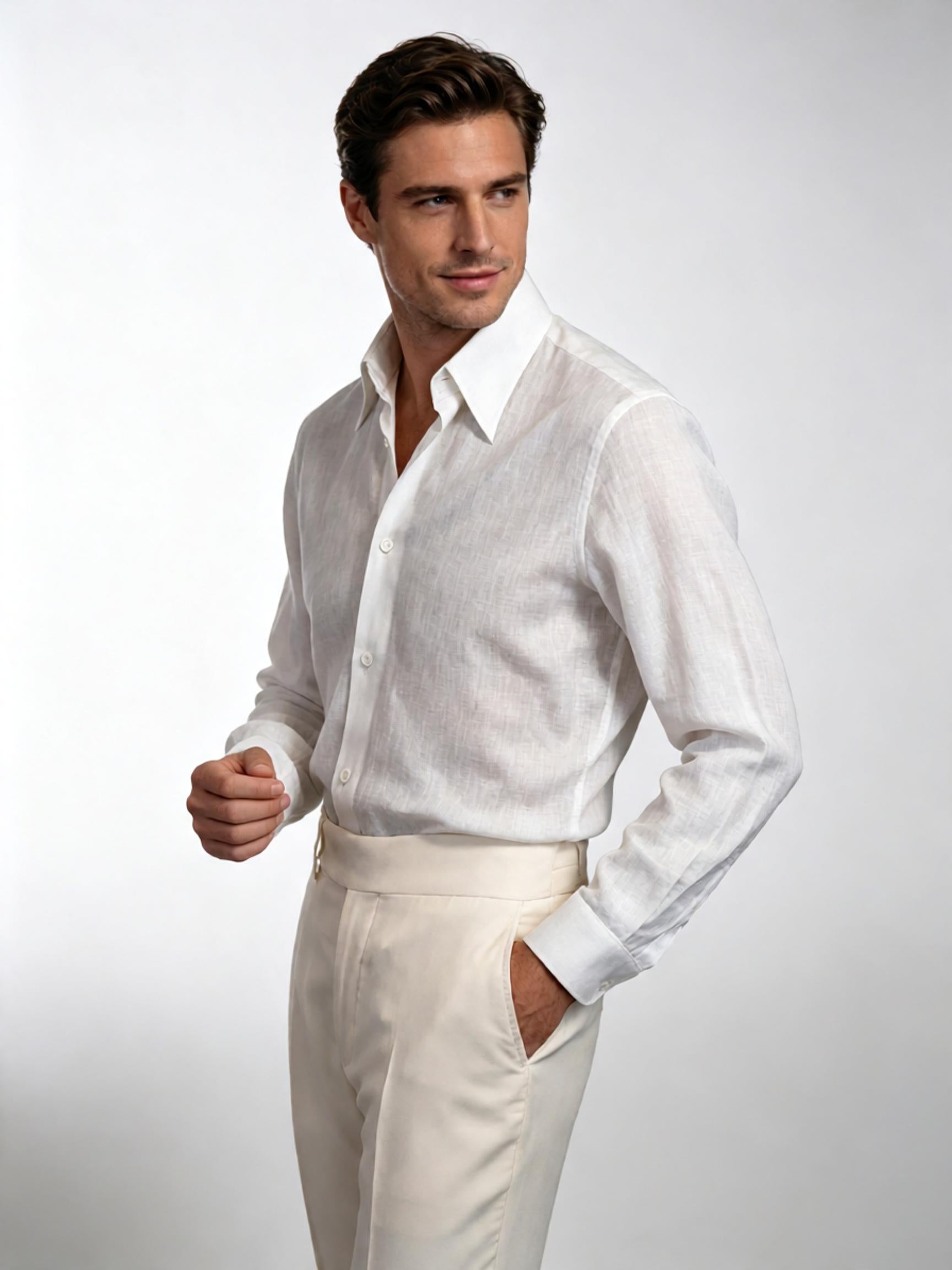 Men’s Breathable Cool White 100% Linen Point Collar Long Sleeve Dress Shirt, Lightweight Summer Linen Shirt