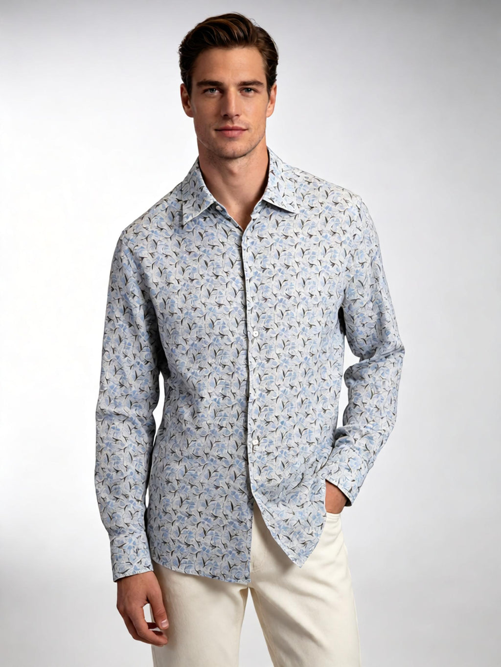 Men’s Vacation‑Style Blue Floral Print 100% Cotton Long‑Sleeve Dress Shirt