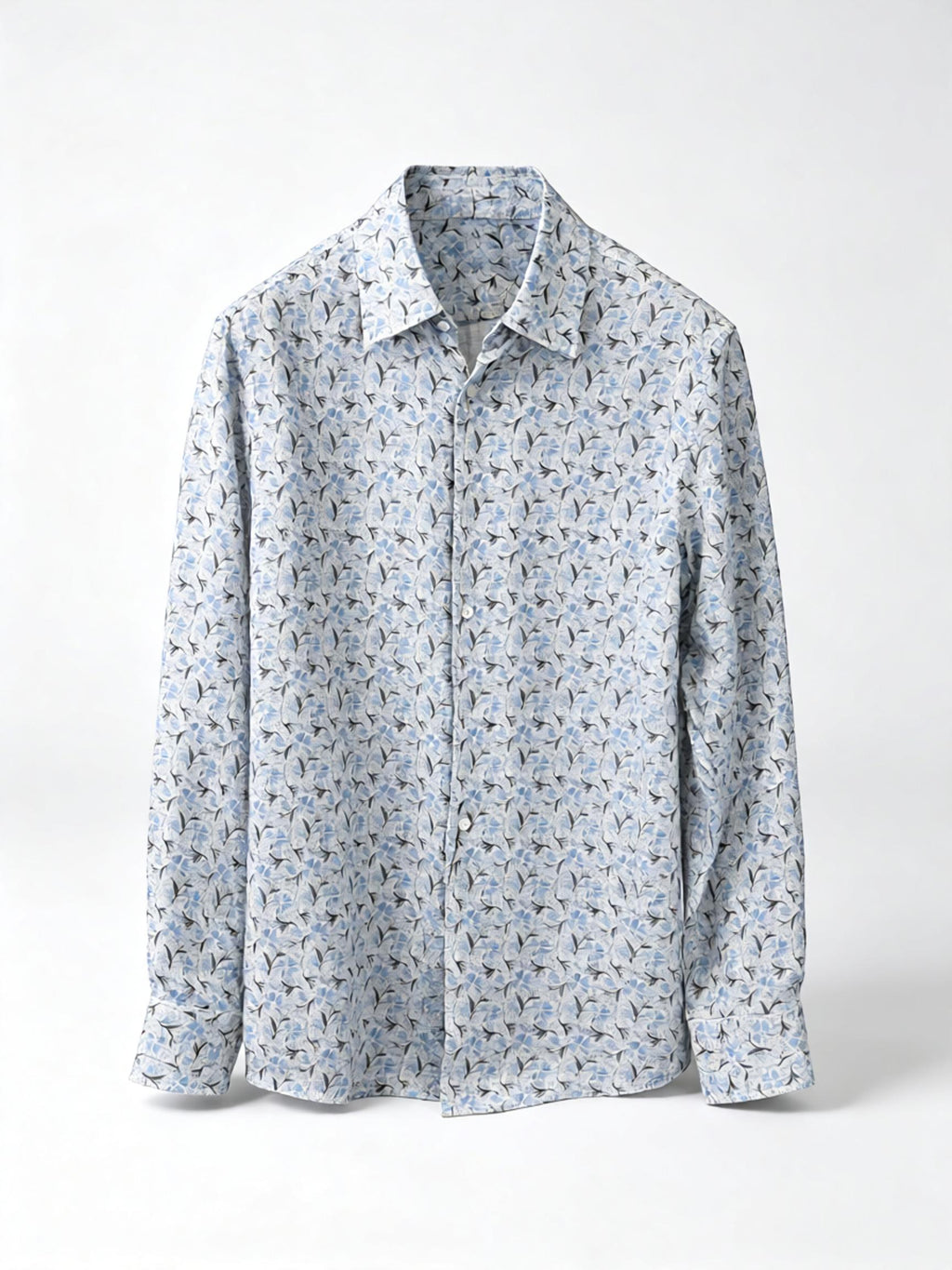 Men’s Vacation‑Style Blue Floral Print 100% Cotton Long‑Sleeve Dress Shirt
