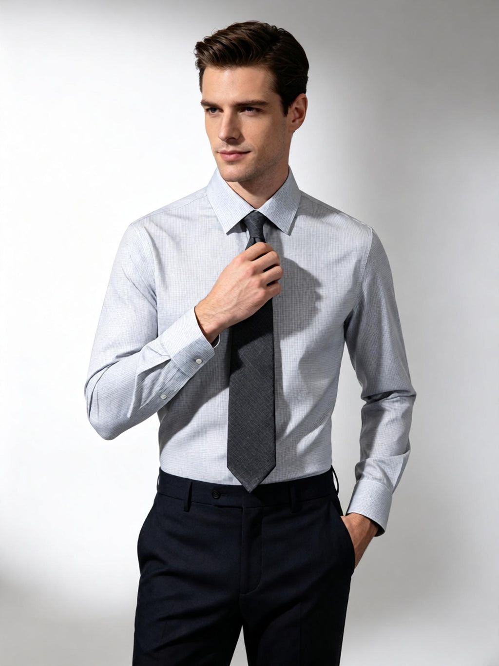 Men’s Fine‑Woven Grey Mini‑Check 100% Cotton Long‑Sleeve Dress Shirt