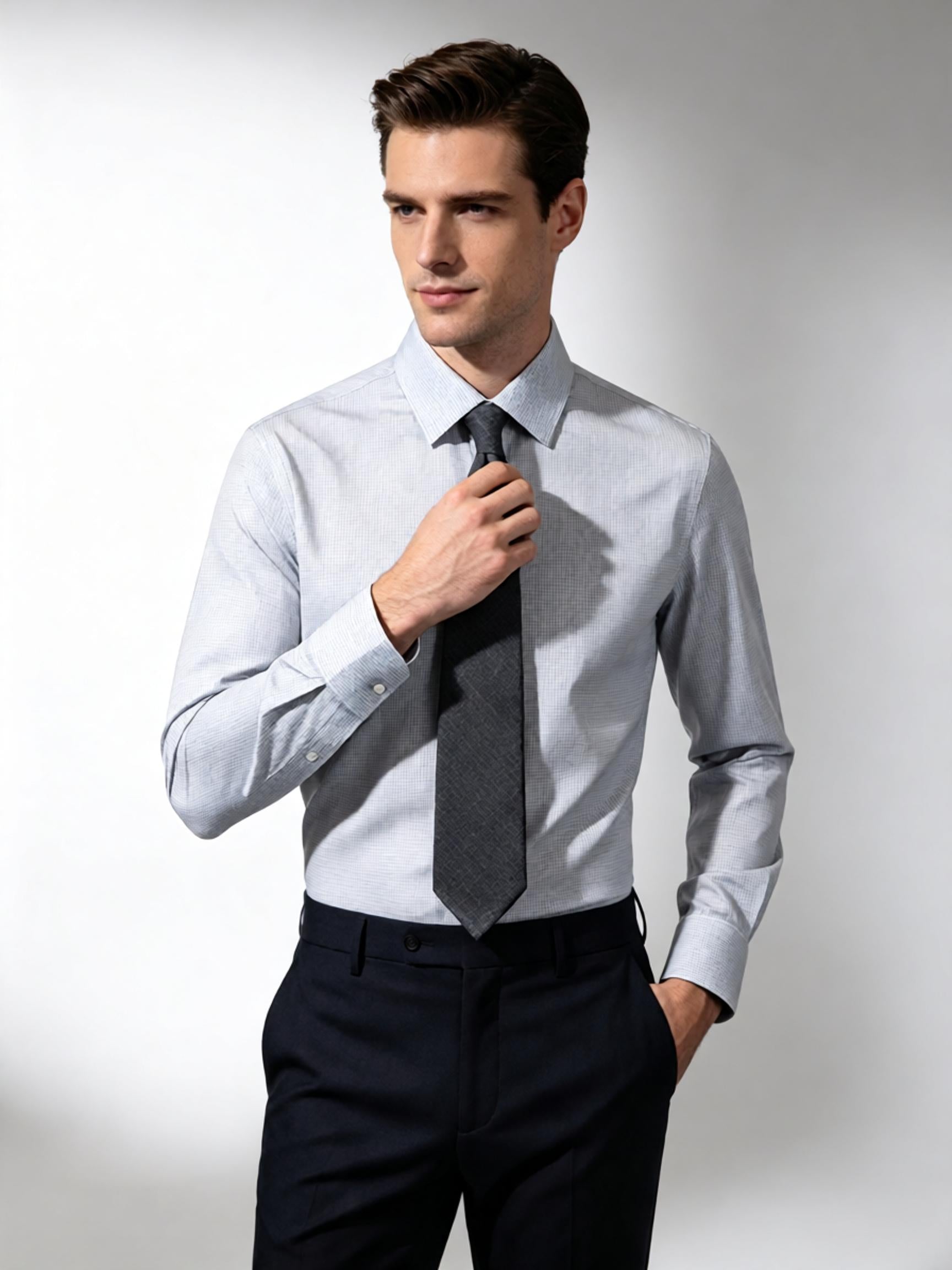 Men’s Fine‑Woven Grey Mini‑Check 100% Cotton Long‑Sleeve Dress Shirt