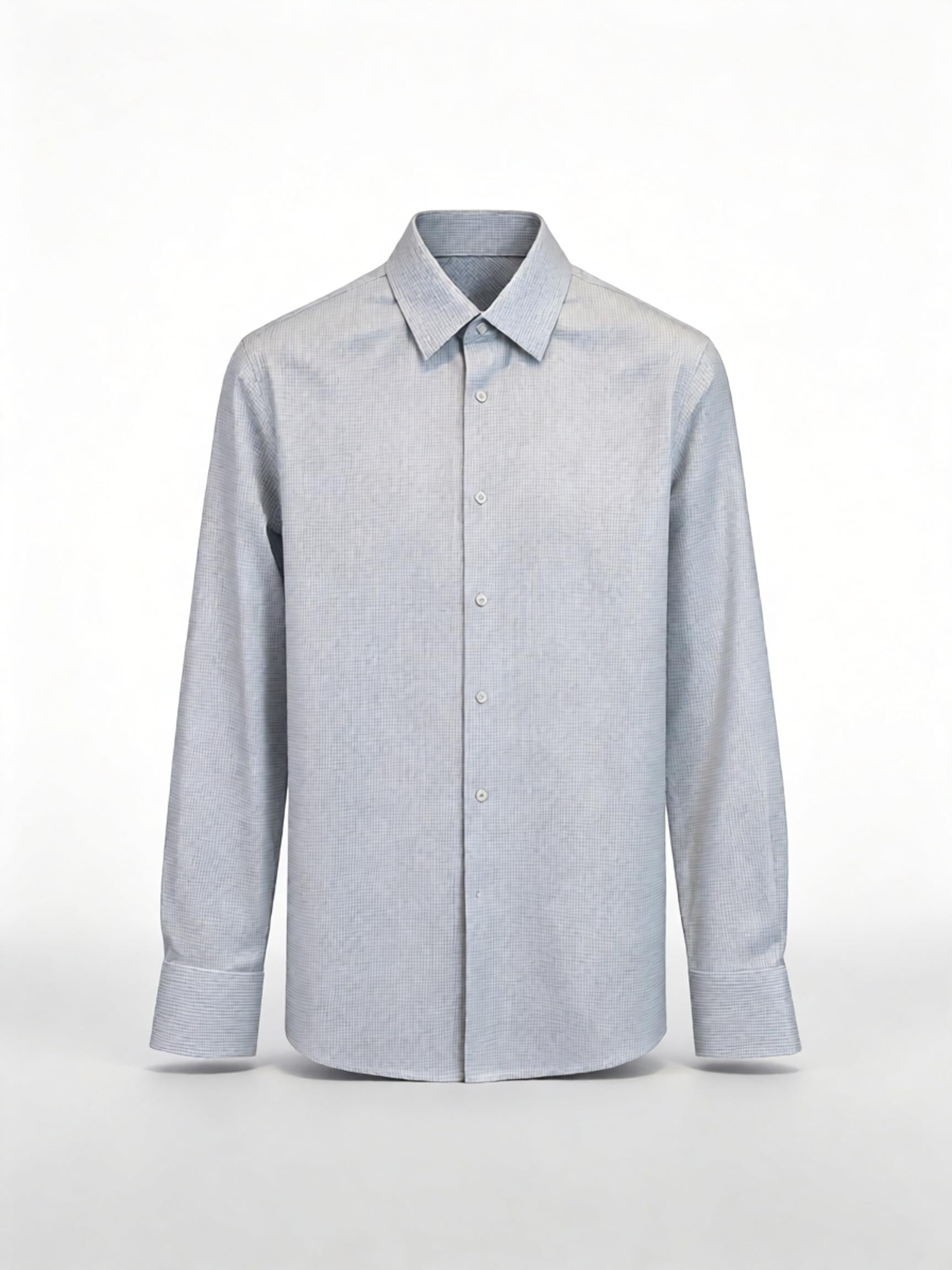 Men’s Fine‑Woven Grey Mini‑Check 100% Cotton Long‑Sleeve Dress Shirt