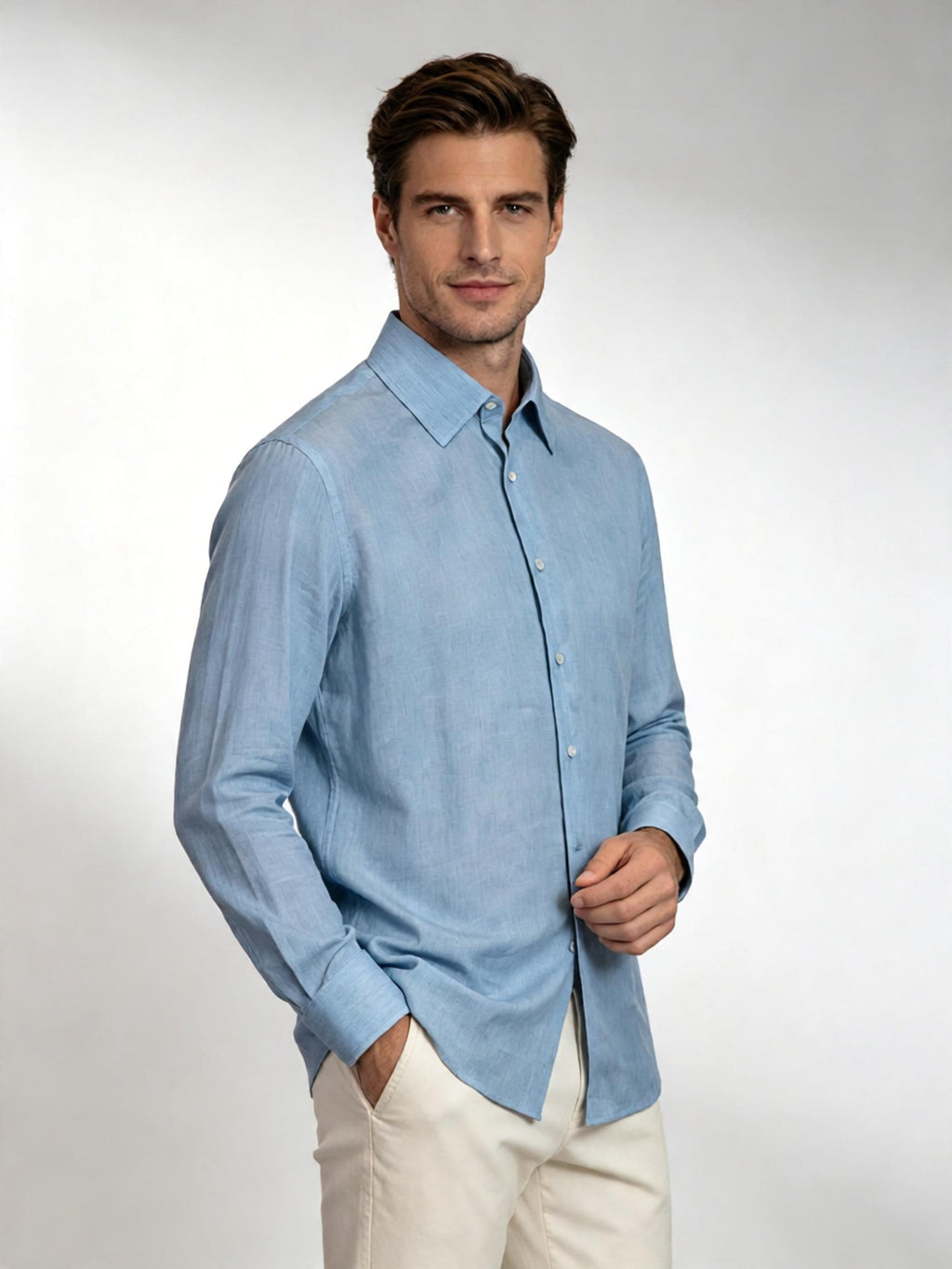 Men’s Blue AB‑Yarn Space‑Dyed 100% Cotton Long‑Sleeve Dress Shirt