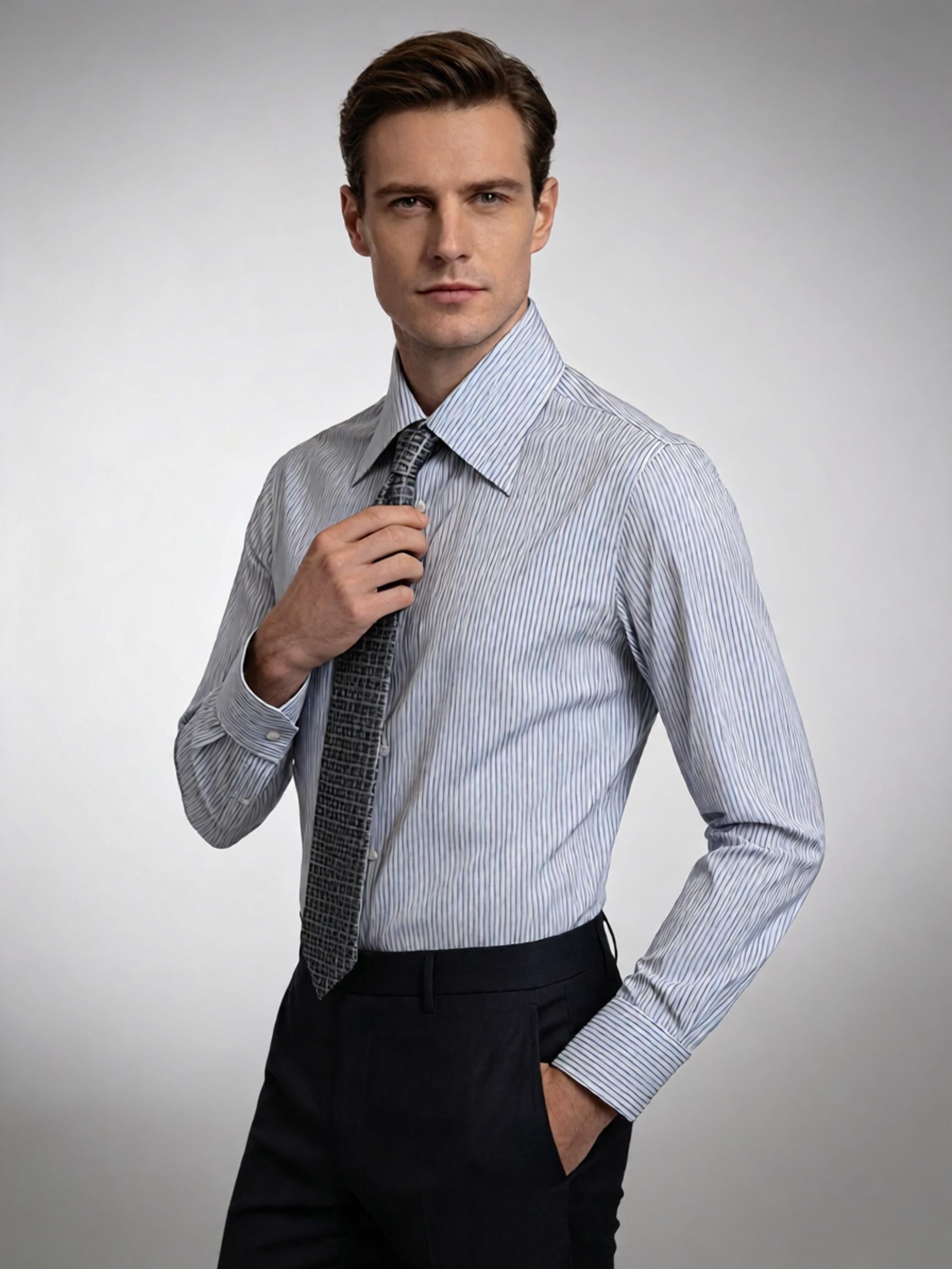 Men’s Business Blue Stripe Yarn‑Dyed 100% Cotton Long‑Sleeve Dress Shirt
