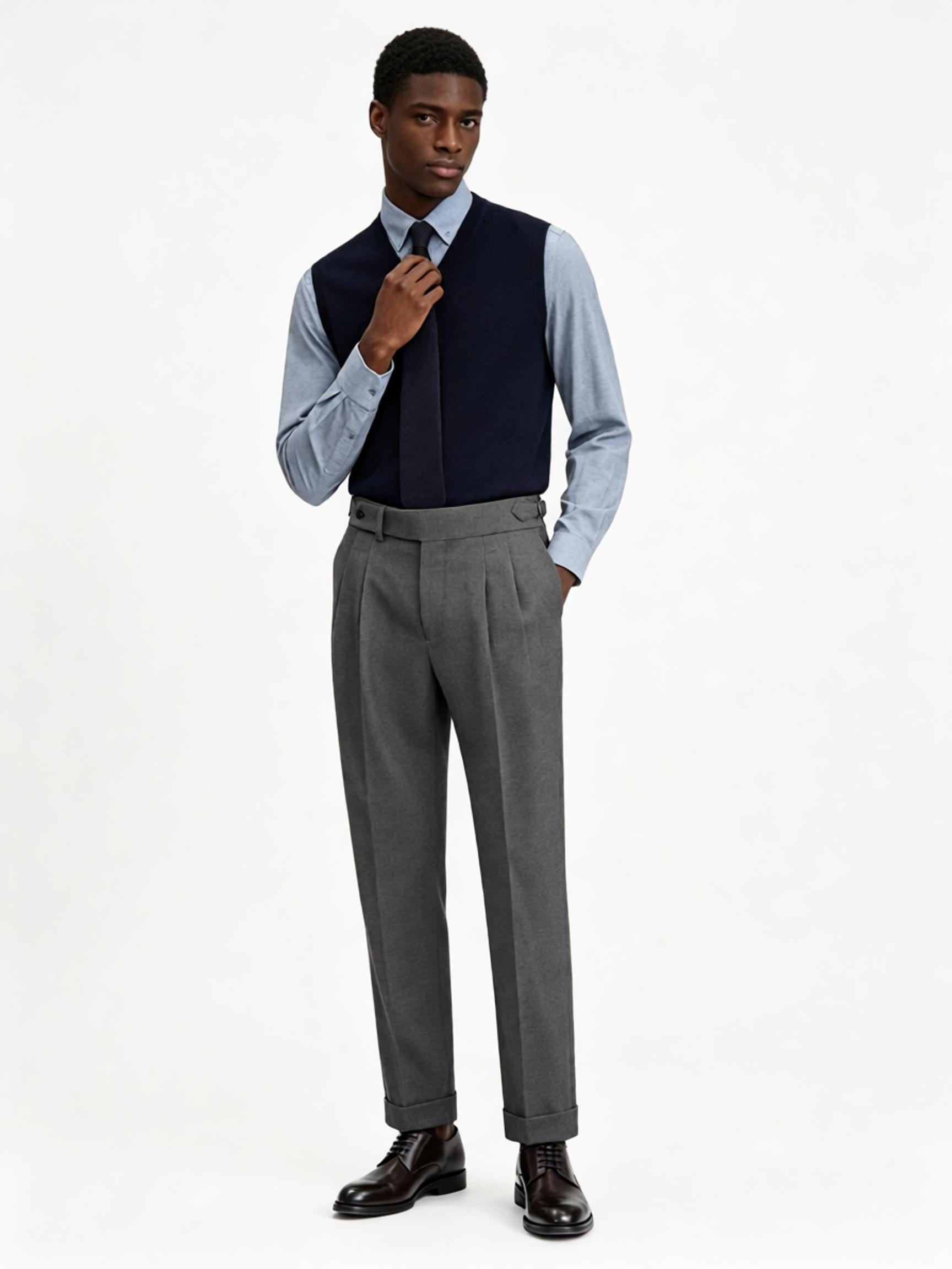 Men’s Dark Grey 100% Wool Double‑Pleat Tapered Trousers