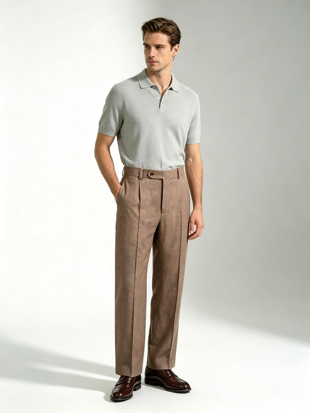 Men’s Coffee Brown 100% Linen Relaxed Straight‑Leg Trousers
