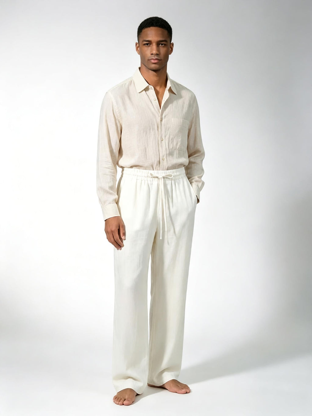 Men’s Off‑White Slub Linen‑Lyocell Drawstring Waist Casual Trousers