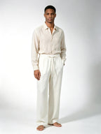 Men’s Off‑White Slub Linen‑Lyocell Drawstring Waist Casual Trousers
