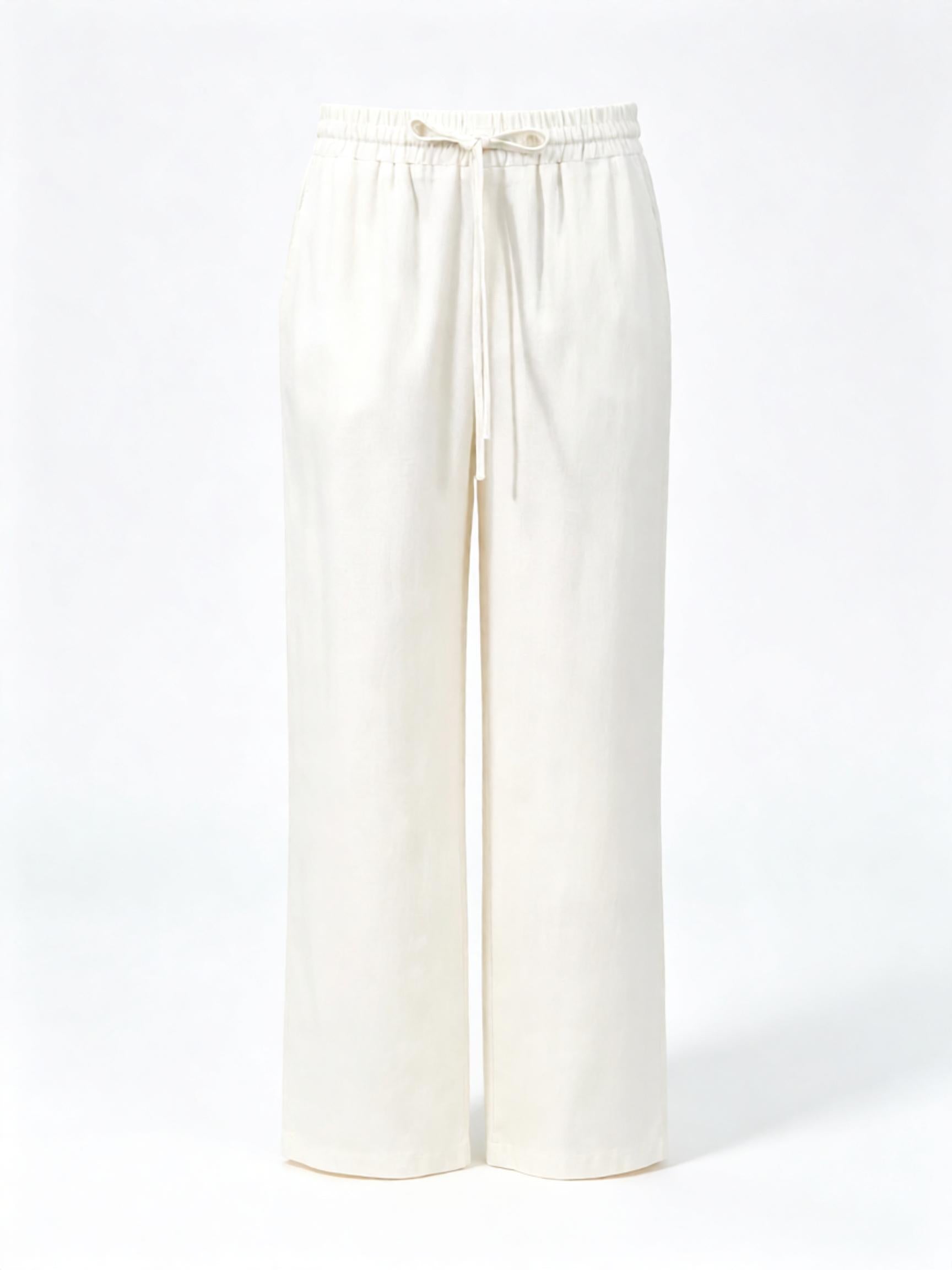 Men’s Off‑White Slub Linen‑Lyocell Drawstring Waist Casual Trousers