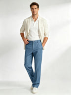 Men’s Blue Linen‑Cotton Denim‑Style Straight‑Leg Casual Trousers | 53% Linen 47% Cotton
